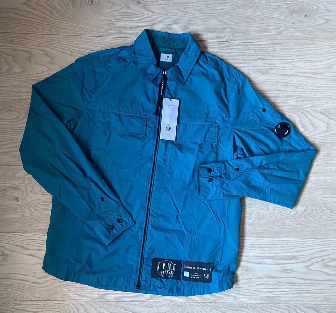 C.P. Company Taylon-L Chrome Garment Dyed Dual Chest Pocket Arm Lens Teal Blue Zipped Overshirt Jacket