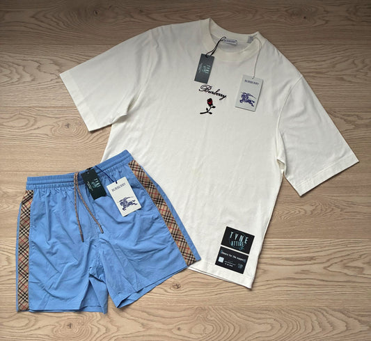 Burberry Embroidered Spellout/English Rose Logo Rain Off White Crewneck T-Shirt & Sky Blue Stripe Check Swim Shorts