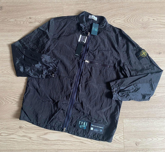 Stone Island 10919 Garment Dyed Nylon Metal Econyl Chest Pocket Full Zip Navy Blue Overshirt Jacket