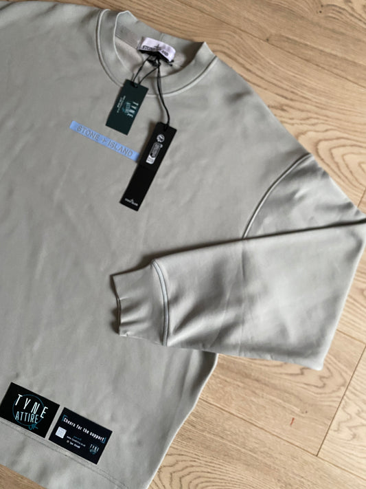 Stone Island 60535 Co/Poly Blend Microbranding Spellout Logo Light Grey Crewneck Sweater