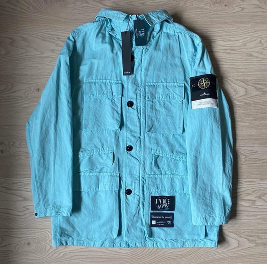 Stone Island 42306 Tela Cotone Lino Fiammato-TC Aqua Blue Hooded Field Jacket