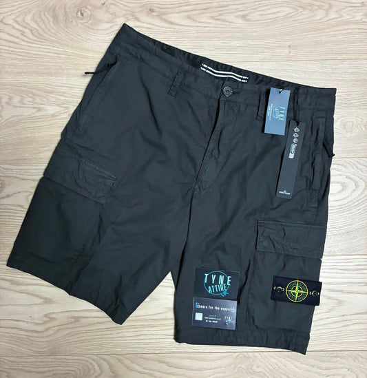 Stone Island L0803 Type RE Tela Paracute Stretch Garment Dyed Charcoal Black Bermuda Cargo Shorts