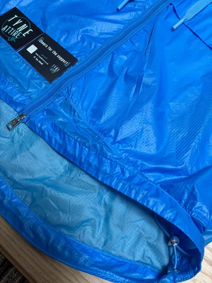 Moncler Ebizo Reflective Spellout Logo Sky Blue Nylon Ripstop Lightweight Hooded Windbreaker Jacket