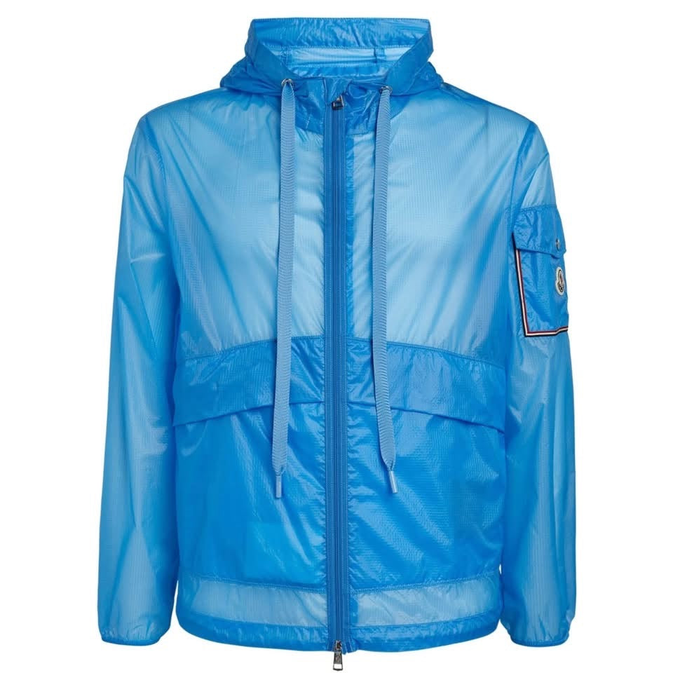 Moncler Ebizo Reflective Spellout Logo Sky Blue Nylon Ripstop Lightweight Hooded Windbreaker Jacket