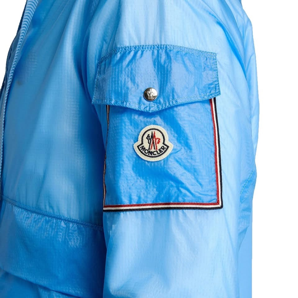 Moncler Ebizo Reflective Spellout Logo Sky Blue Nylon Ripstop Lightweight Hooded Windbreaker Jacket