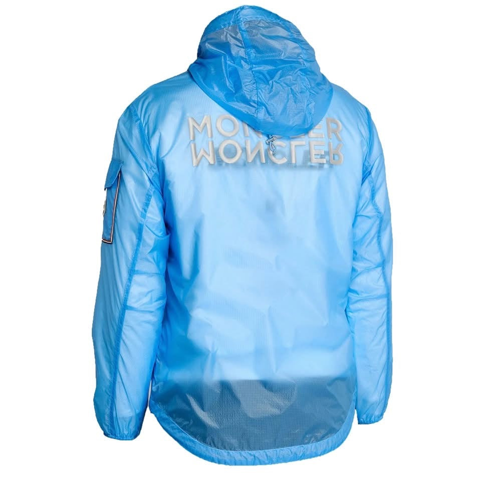 Moncler Ebizo Reflective Spellout Logo Sky Blue Nylon Ripstop Lightweight Hooded Windbreaker Jacket