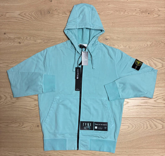 Stone Island 64251 Cotton Fleece Garment Dyed Sky Blue Zip Up Drawstring Hoodie