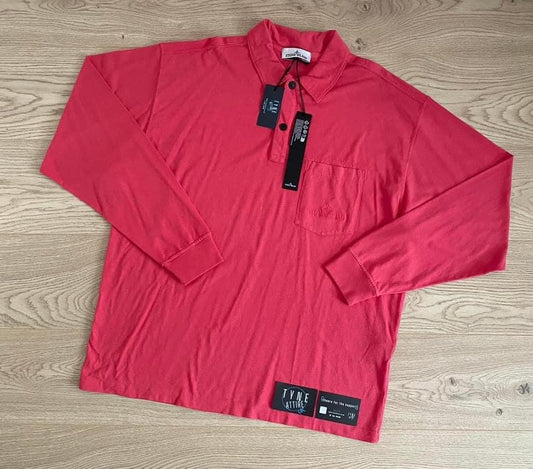 Stone Island 20744 20/1 Cotton Jersey Embroided Spellout Logo Pink L/S Polo Shirt