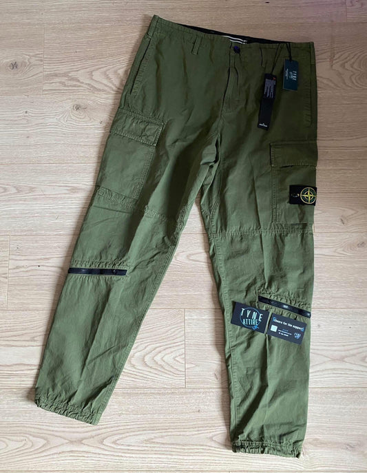 Stone Island 323WA ‘Type RE’ Old Effect Cotton Canvas Khaki Green Drawstring Cuffed Cargo Trousers