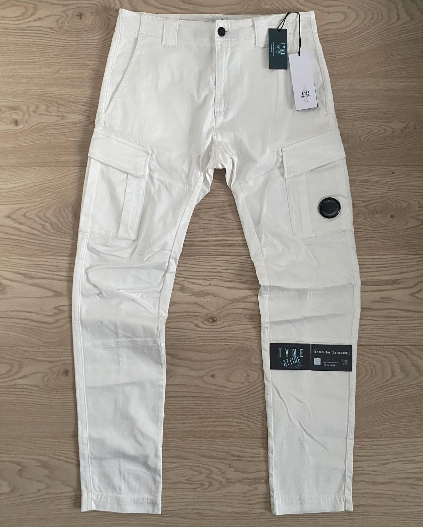 C.P. Company GD Ergonomic Fit Satin Stretch Lens Pocket White Cargo Trousers