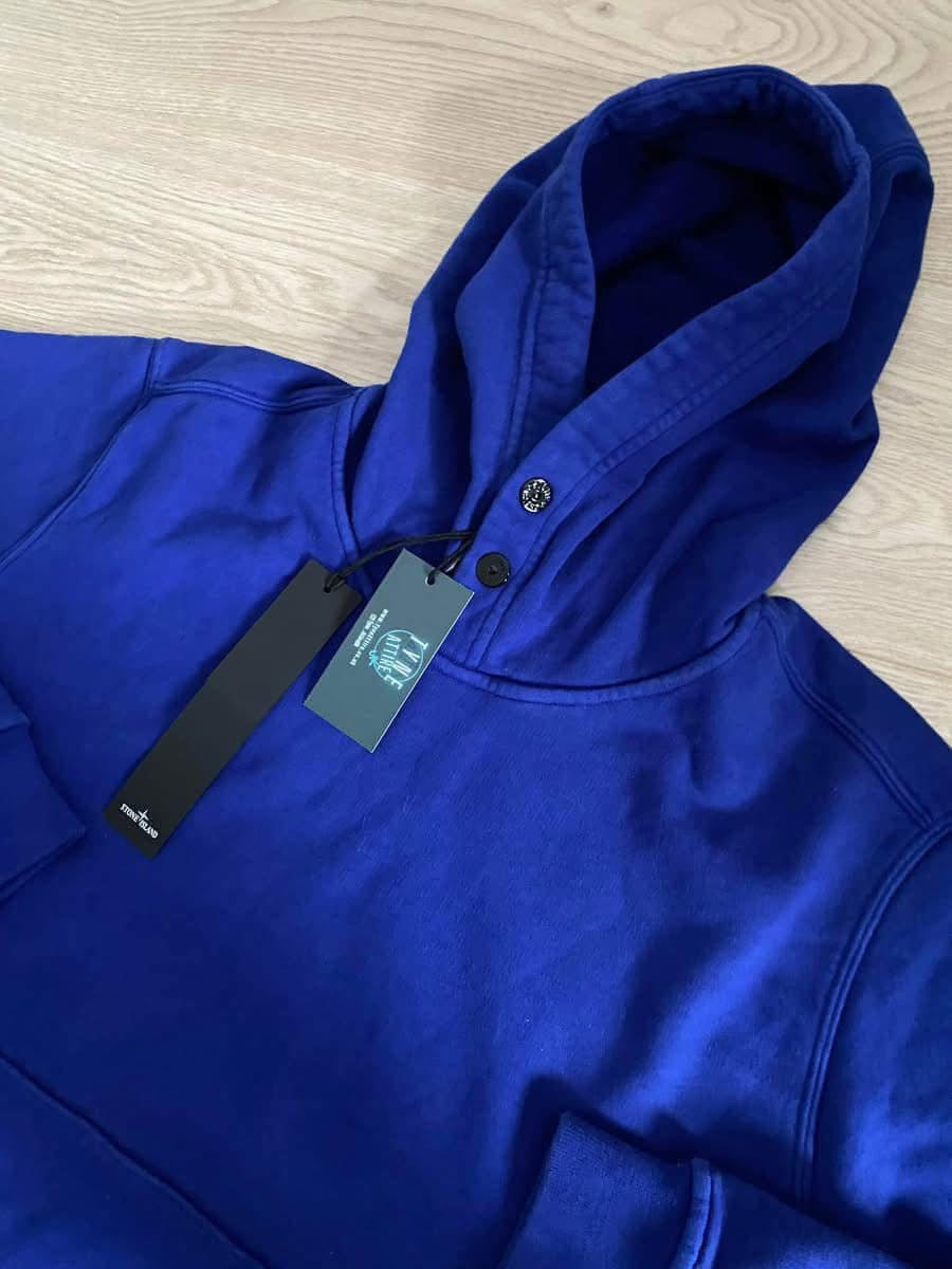 Stone Island 61720 GD Brush Cotton Button Fleece Popover Royal Blue Hoodie