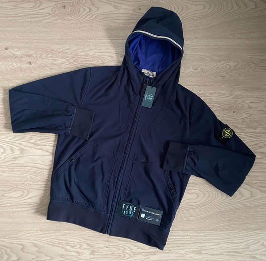 Stone Island 40122 Soft Shell-R Fleece Lined Navy Blue Hooded Jacket