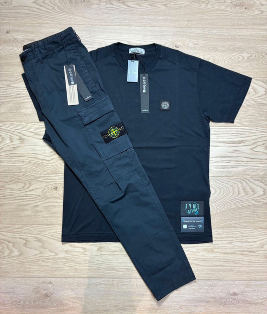 Stone Island 3100032 ‘Type RE-T’ Stretch Cotton Twill Navy Blue Cargo Trousers & Patch Logo T-Shirt Set