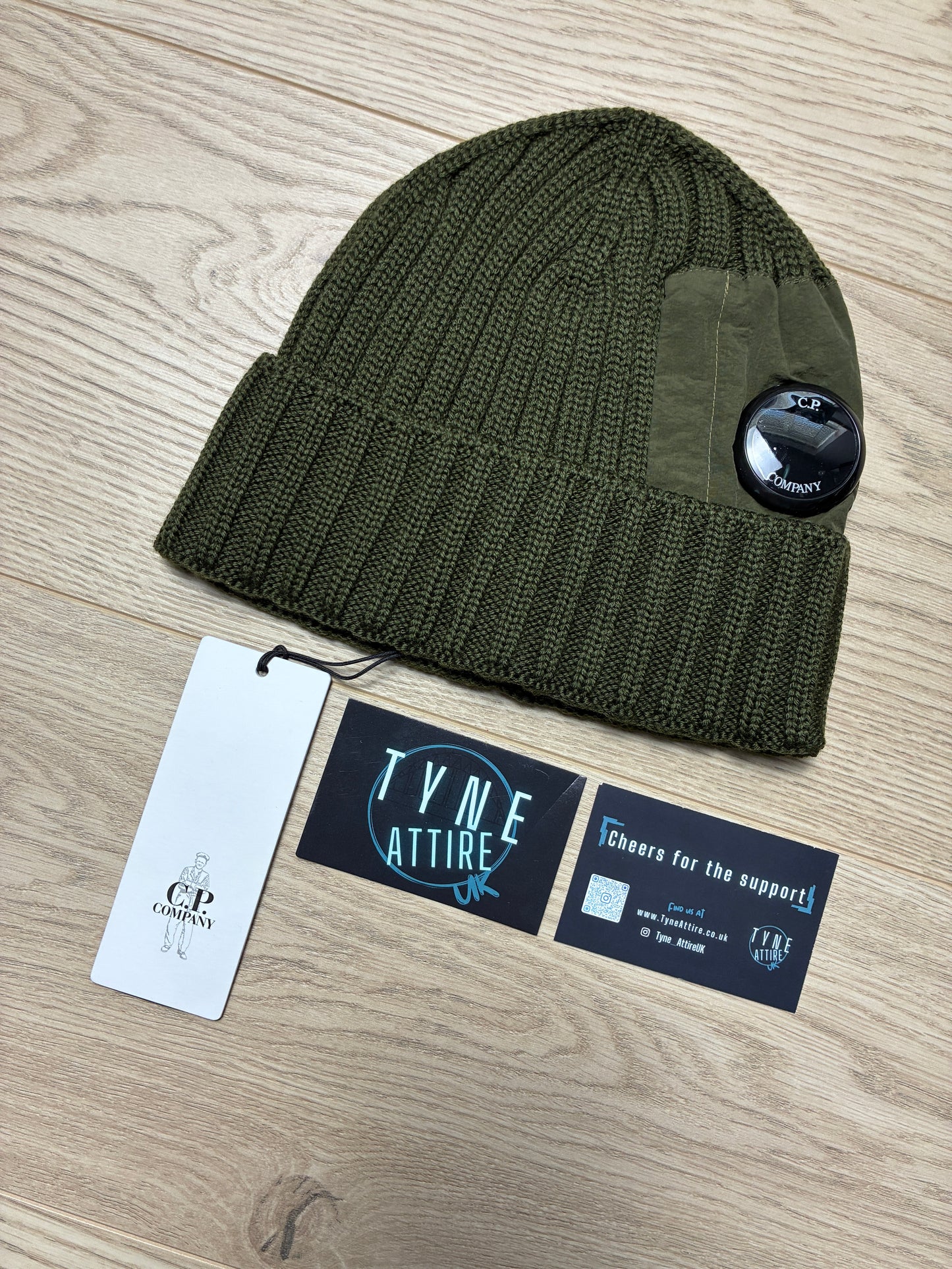 C.P. Company Extra Fine Merino/Nylon Blend Ribbed Wool Side Lens Ivy Green Beanie