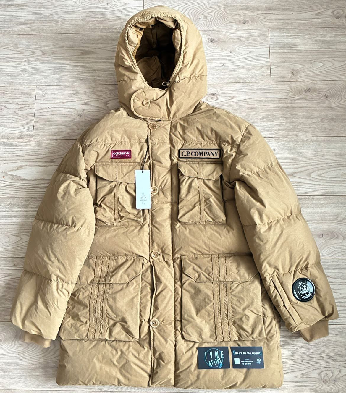 Adidas Spezial x C.P Company Flatt Nylon Down Dark Tan Beige Hooded Puffer Parka Jacket