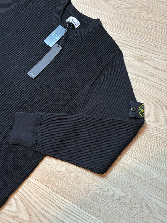 Stone Island 555C2 R.W.S Garment Dyed Black Ribbed Crewneck Sweater