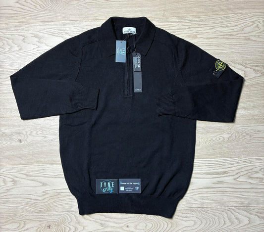 Stone Island 529D3 Garment Dyed 1/2 Zip Cotton Knit Black Polo Sweater
