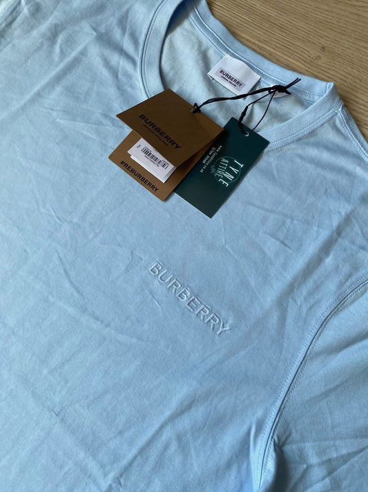 Burberry Jenson Cotton Embroidered Spellout Logo Sky Blue Crewneck T-Shirt