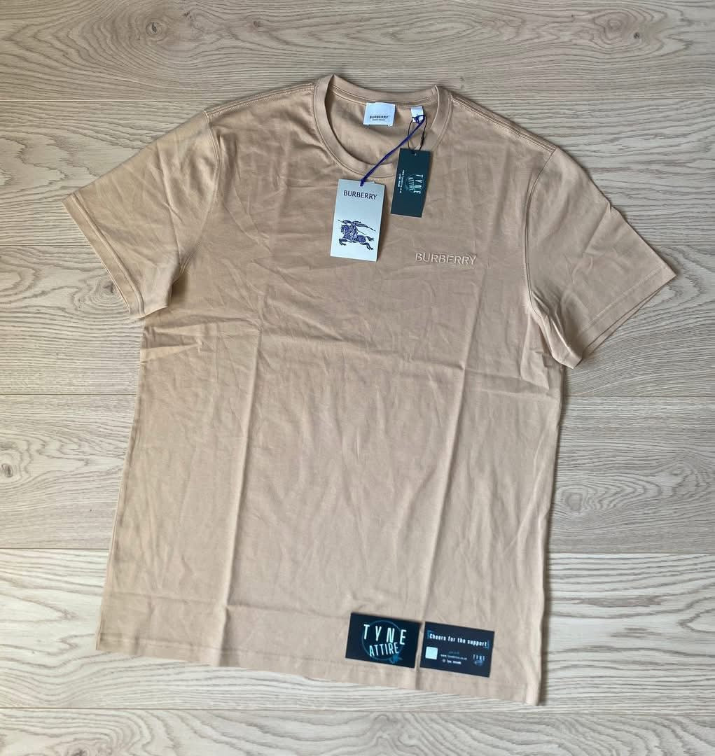 Burberry Jenson Cotton Embroidered Spellout Logo Soft Fawn Beige Crewneck T-Shirt