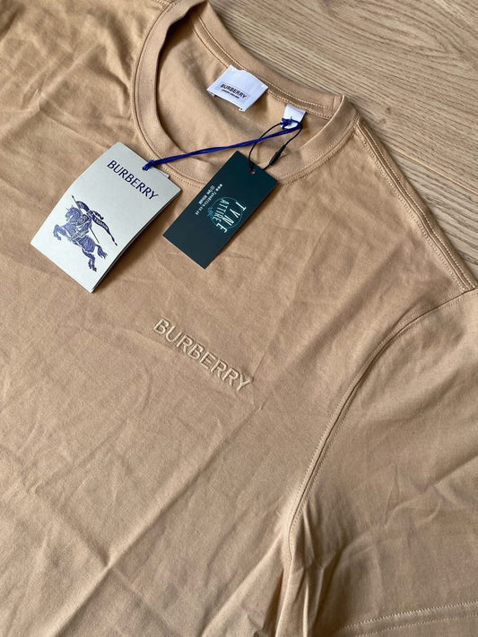 Burberry Jenson Cotton Embroidered Spellout Logo Soft Fawn Beige Crewneck T-Shirt