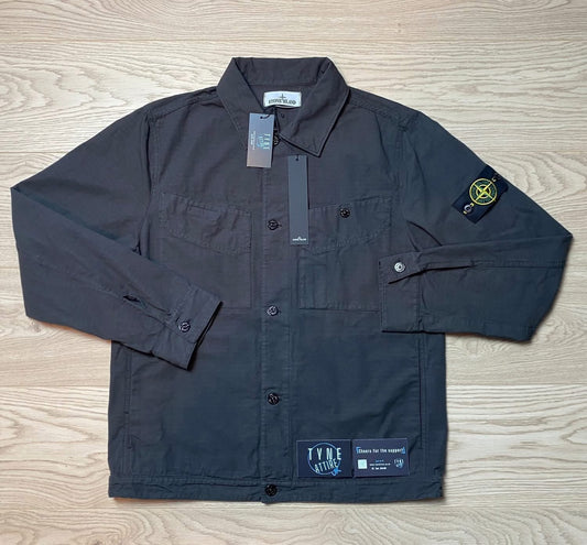 Stone Island 1200002 Garment Dyed Dual Chest Pocket Cotton Ripstop Button Black Overshirt Jacket
