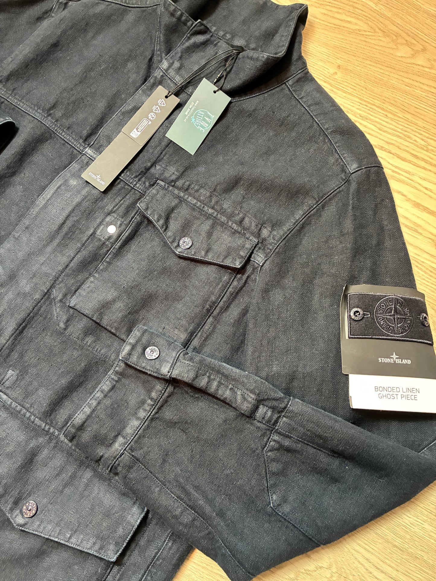 Stone Island 4100077 Ghost Piece_Garment Dyed Bonded Linen Collared Navy Blue Jacket