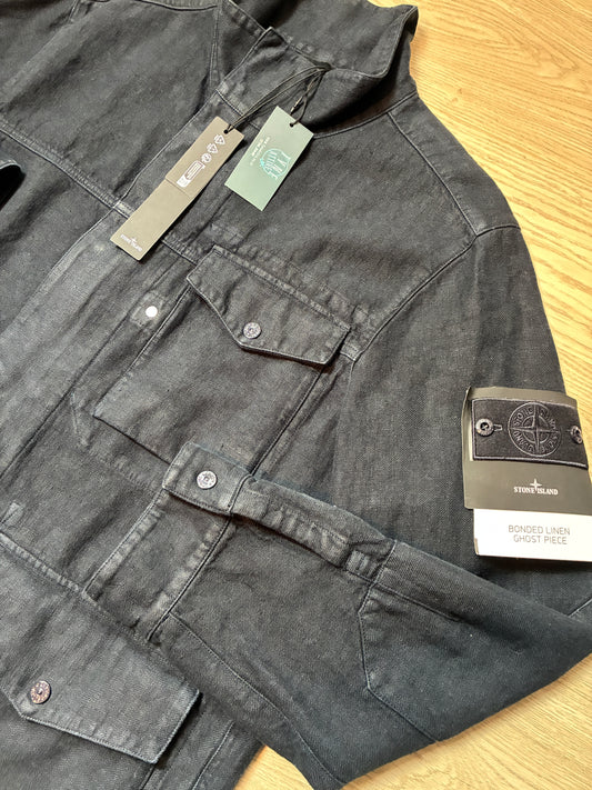 Stone Island 4100077 Ghost Piece_Garment Dyed Bonded Linen Collared Navy Blue Jacket