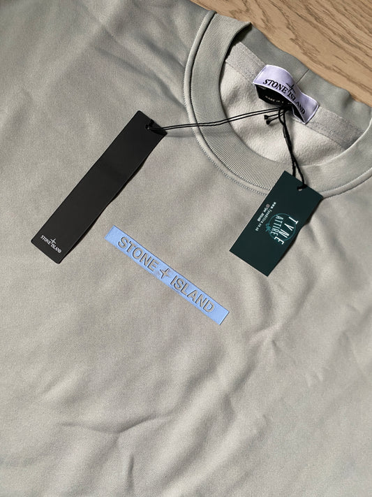 Stone Island 60535 Co/Poly Blend Microbranding Spellout Logo Light Grey Crewneck Sweater