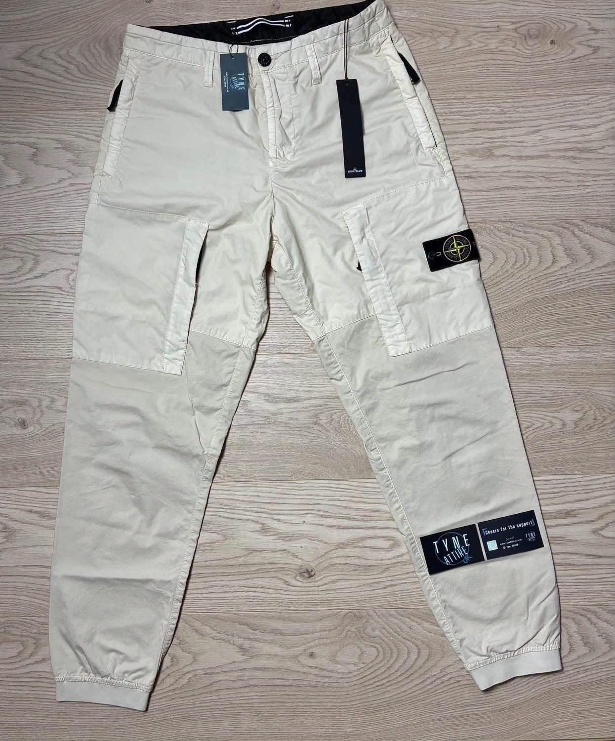 Stone Island 30106 Mussola Gommata Two Tone ‘Type CO Beige Cream Cuffed Cargo Trousers