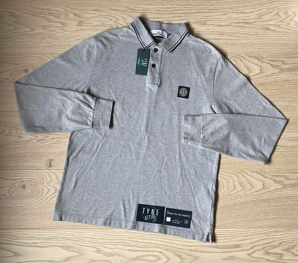 Stone Island 22S18 Patch Logo Twin Tipped Grey/Navy Long Sleeve Polo T-Shirt