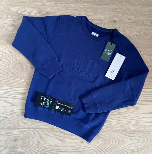 C.P. Company Junior Basic Fleece Embossed Spellout Logo Royal Blue Crewneck Sweater