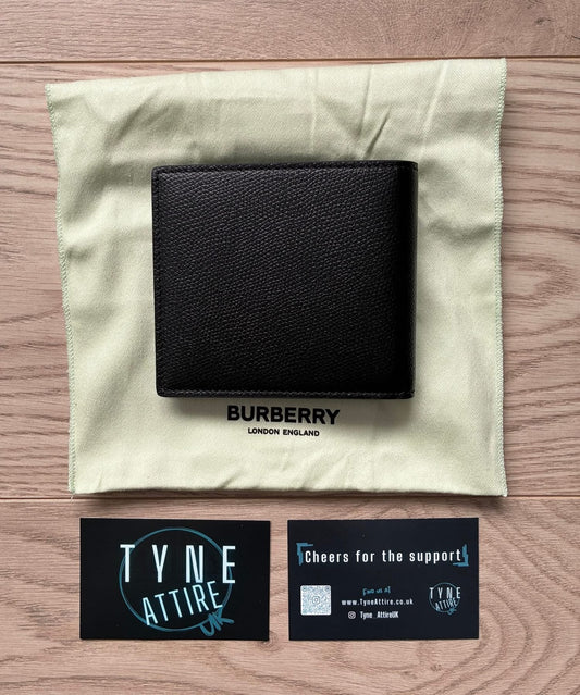 Burberry Grained Leather Unisex Card/Note Holder Spellout Logo Black Bi-Fold Wallet