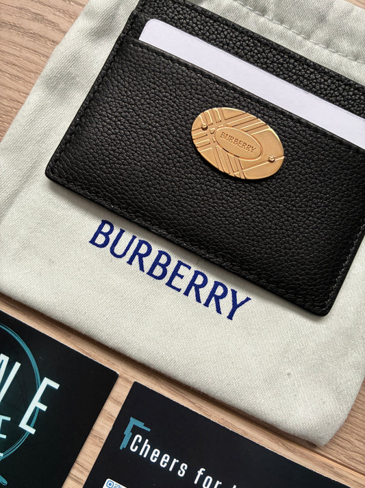 Burberry Grained Leather Metal Engraved Motif Logo Black Card Holder