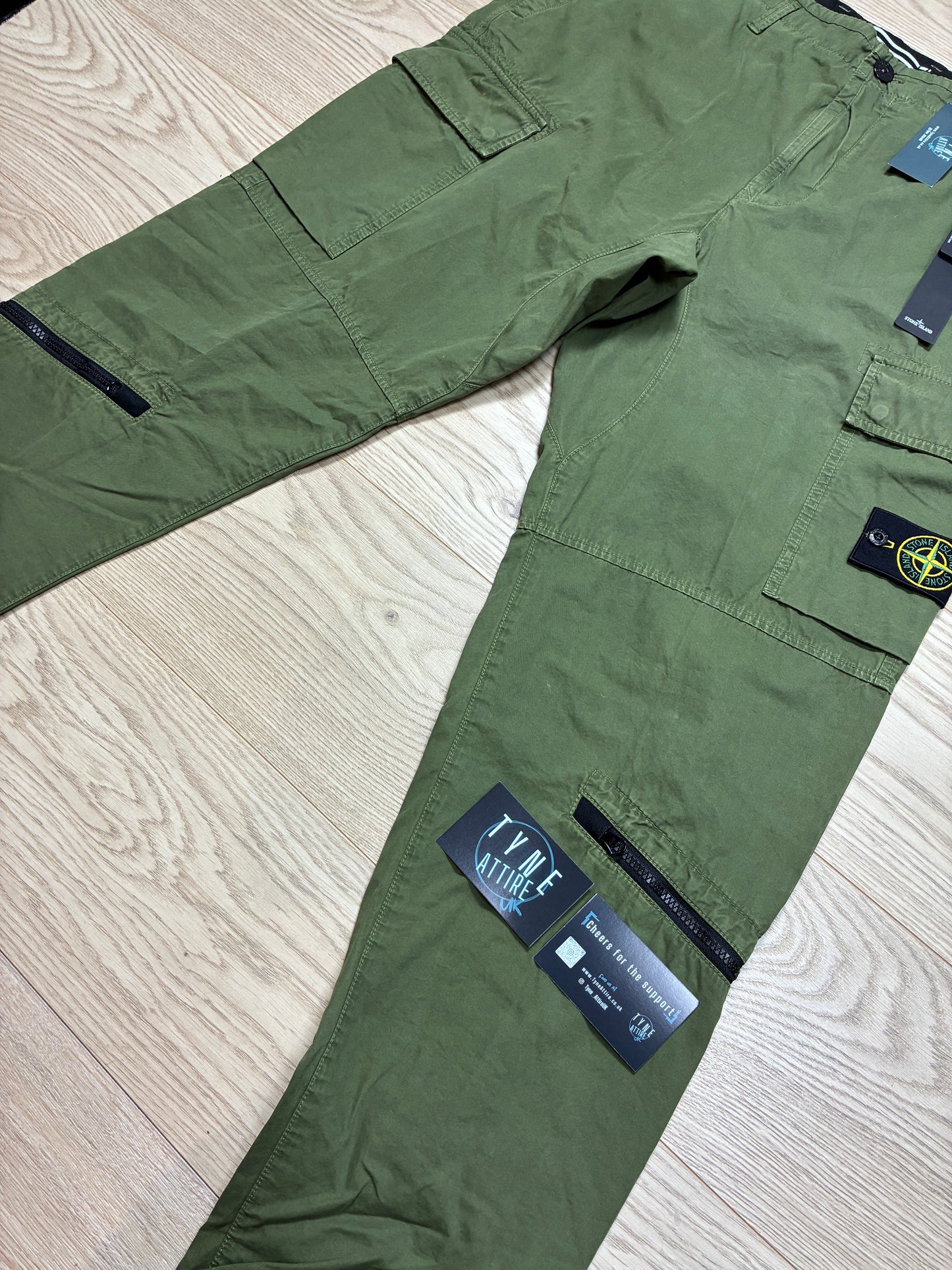 Stone Island 323WA ‘Type RE’ Old Effect Cotton Canvas Khaki Green Drawstring Cuffed Cargo Trousers